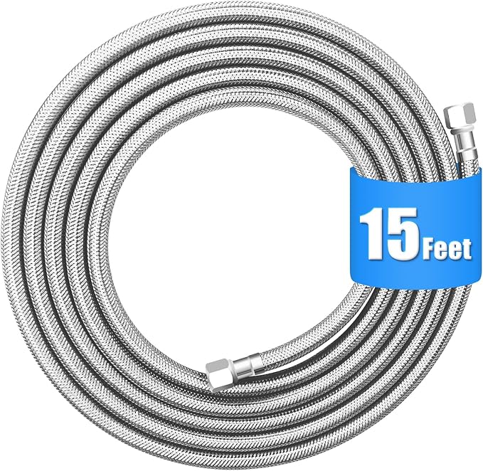 Refrigerator water line - 15 FT Premium Stainless Steel Braided Ice Maker Water Hose,Food grade PEX Inner Tube Fridge Water Line with 1/4" Fittings for Refrigerator Ice Maker