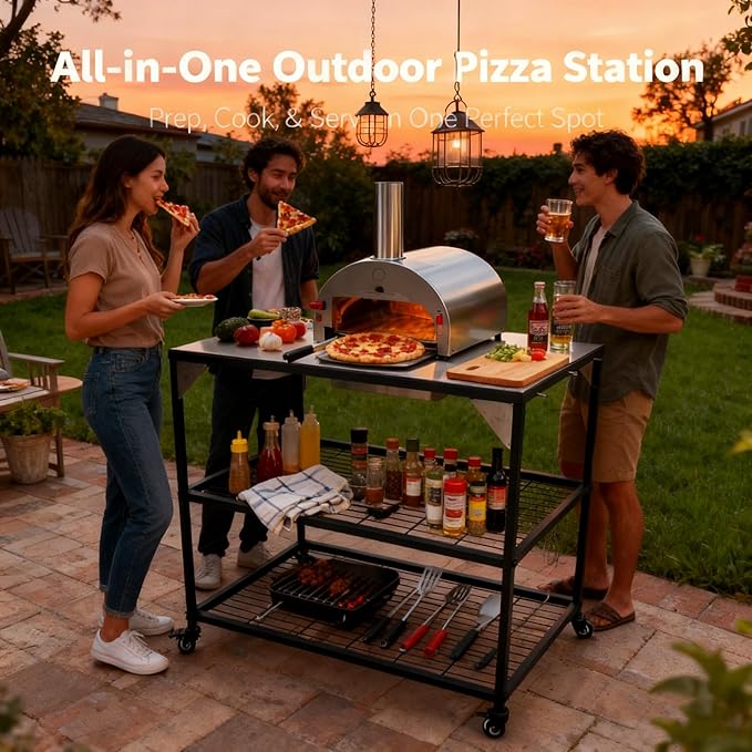 All-in-One Outdoor Pizza Oven & Grill Cart - Rolling Prep Table for Blackstone Griddles, Ninja Woodfire Grills, and More