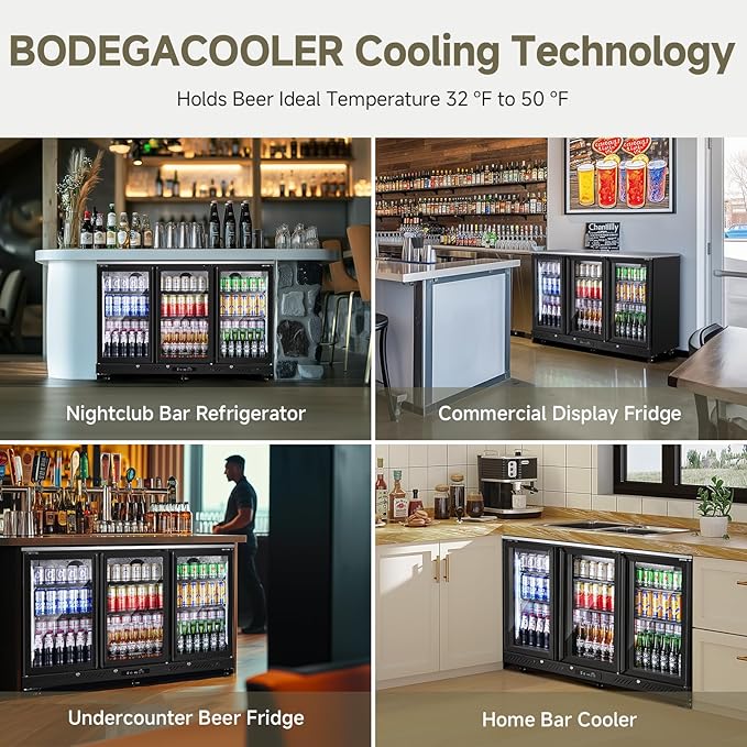BODEGACOOLER Commercial Bar Cooler With 3 Glass Doors,12 Cu.Ft Counter Height Back Beverage Refrigerator,Display Bar Fridge with LED Lighting,Beverage Cooler for Beer Stainless Steel Top,With Casters