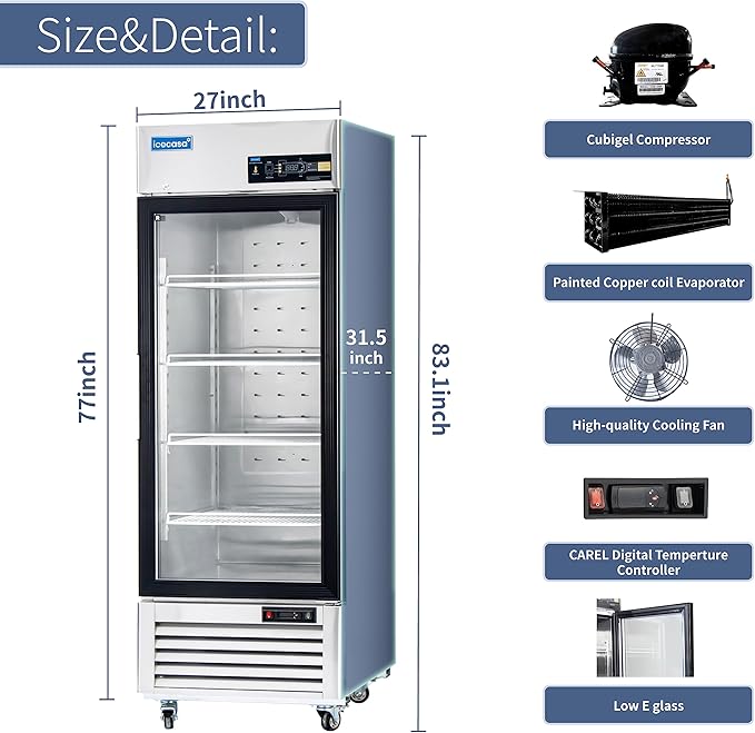 ICECASA 27" W Commercial Display Refrigerator Single Glass Door Merchandiser Reach-in 23 Cu.ft Stainless Steel Display Refrigerator Fan Cooling for Restuarant, Bar, Shop, etc