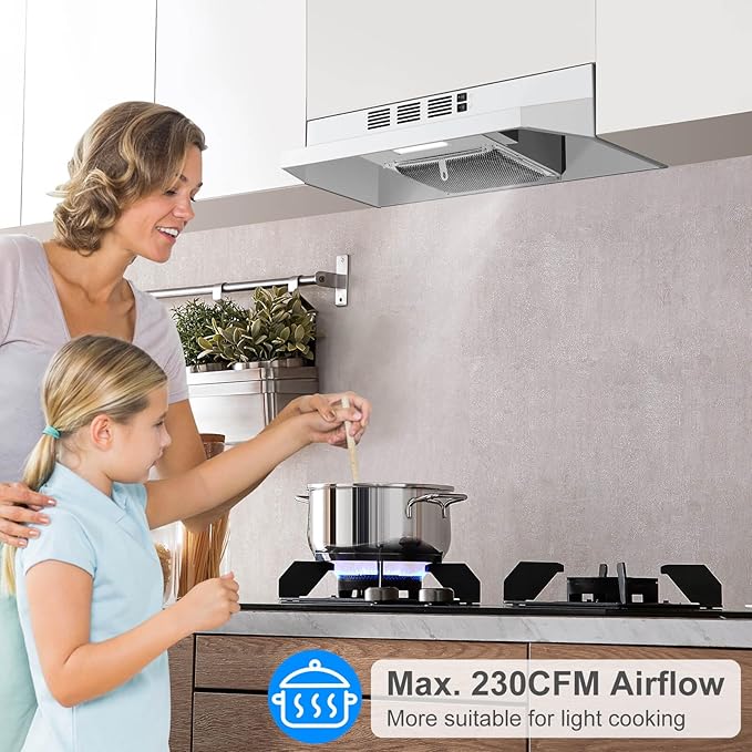 SNDOAS 24 inch Range Hood,230 CFM Under Cabinet Range Hood White,Hard Wired Ductless Range Hood Convertible Ducted,White Spray Painting Stainless Kitchen Hood with 2-Speed Fan,Rocker Switch