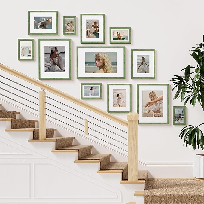 Vittanly 11x14 Picture Frame Set of 2, Solid Wood Frame for Wall Art Photo and Prints, Display Photo 8x10 with Mat or 11x14 without Mat, Rustic Green