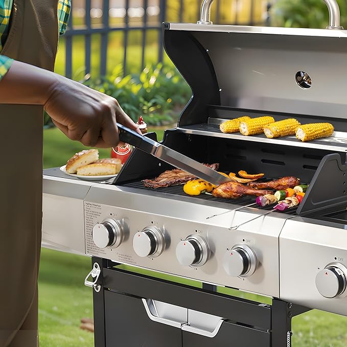 4-Burners Propane Gas Grill Outdoor with Side Burner & Thermometer, Stainless Steel Propane Grill with Cover for Outdoor BBQ, Patio Backyard Barbecue, 51000 BTU Output