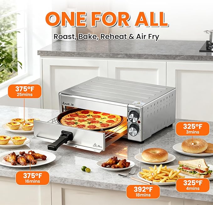 Anatole Electric Pizza Oven Indoor Air Fryer 12" 1800W Stainless Steel Countertop Pizza Maker Convection Cooker Time Temperature Adjustable with Removable Crumb Tray ETL Certified