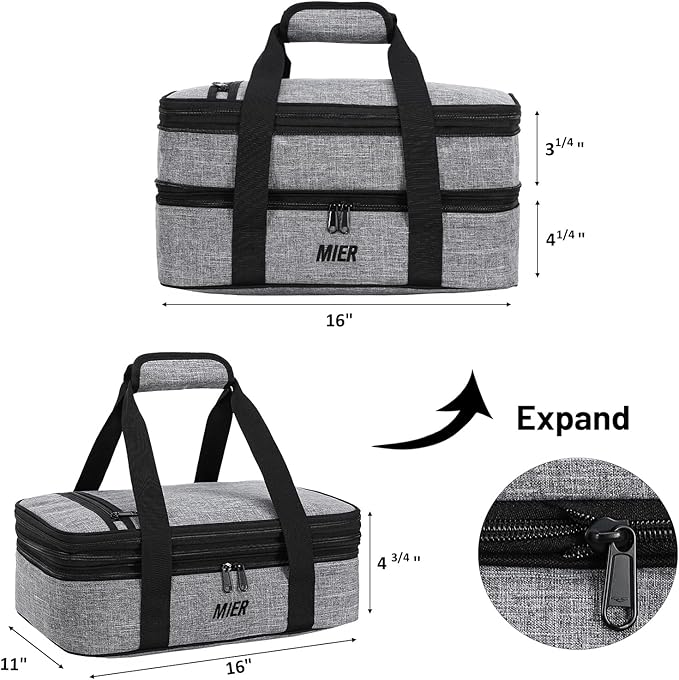 MIER Insulated Double Casserole Carrier Thermal Lunch Tote for Potluck Parties, Picnic, Beach, Fits 9 x 13 Inches Casserole Dish, Expandable by Mid Zipper, Gray