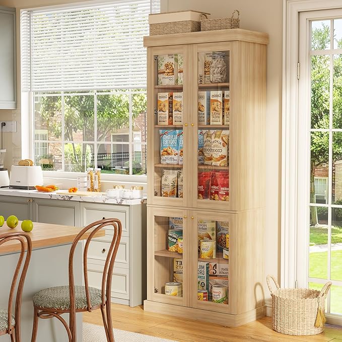 70.8" Bookshelf with Glass Doors, Farmhouse Modular Bookcase with 6-Tier Adjustable Shelves, Large Storage Cabinet for Living Room & Home Office, Set of 4, Brown