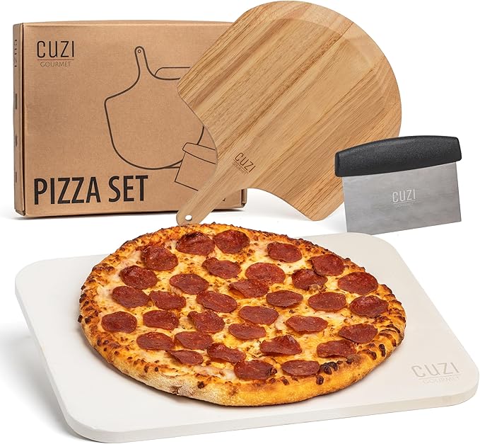 Cuzi Gourmet 3-Piece Pizza Stone Set - 15x12" Thermal Shock Resistant Cordierite Pizza Stone, 15x12" Natural Wood Pizza Peel & Pizza Cutter - Pizza Stone for Grill and Oven