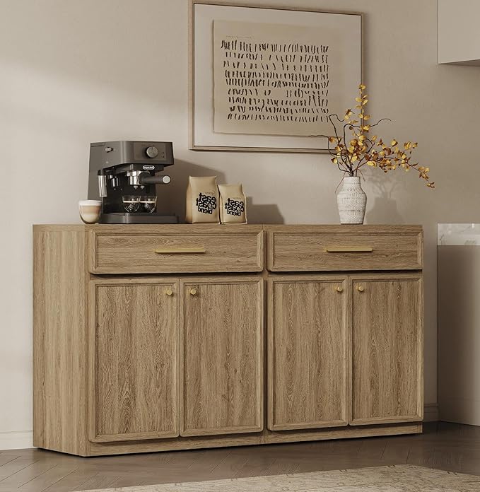 SICOTAS Buffet Cabinet with Storage Large Accent Storage Cabinet with Doors and Shelves 60" Modern Farmhouse Sideboard Credenza Buffet Table Coffee Bar for Living Room Kitchen Dining Room Entryway