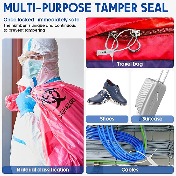 1000 Pcs Plastic Tamper Seals Fire Extinguisher Tags Security Tags Seals Safety Numbered Zip Ties Labels Safety Disposable Self Locking Signage 250 mm Length (White)