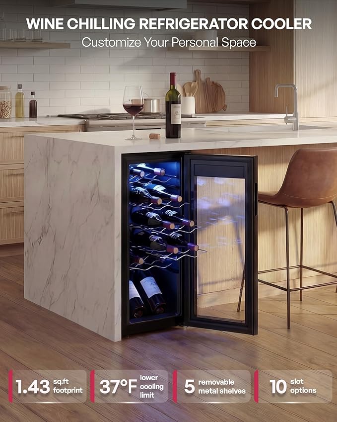 12 Bottle Compressor Wine Cooler Refrigerator, Freestanding Wine Cellar with Glass Door & Safety Lock, Wine Fridge with 37°F-64°F Digital Temperature Control for Red, White, Champagne, Black