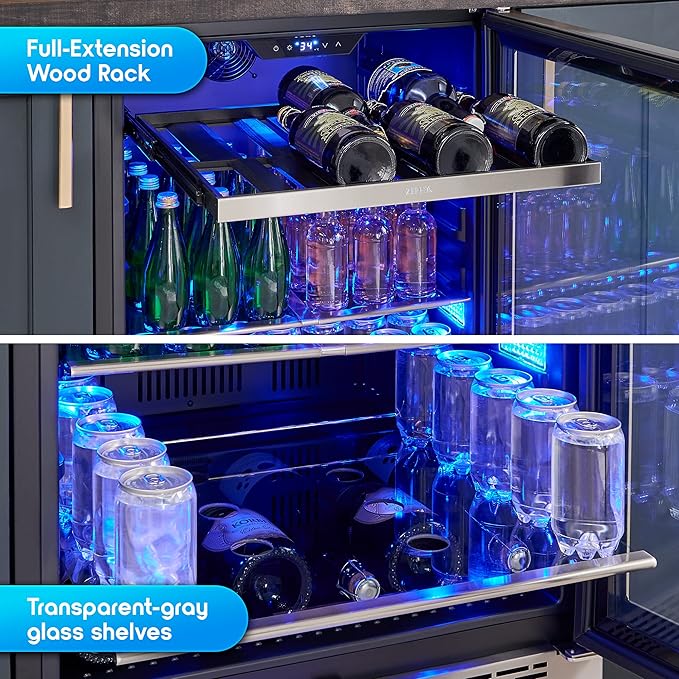 Zephyr 24" Wine Fridge & Beverage Refrigerator ADA Single Zone Under Counter - Mini Wine Cooler Cellars Small Beer Fridge Cabinet Drink Chiller Freestanding with Glass Door - 7 bottles 112 cans