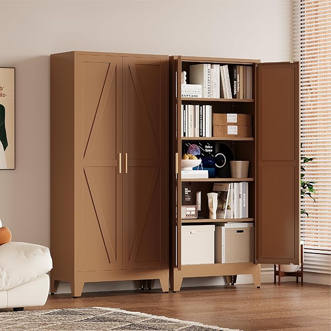 71" Tall Pantry Cabinet, White Metal Pantry Storage Cabinet, Kitchen Pantry Storage Cabinets with 2 Door and 4 Adjustable Shelves (Brown, 71" H)