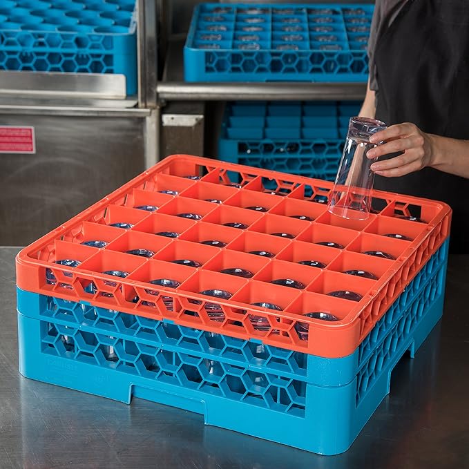 CFS RG36-2C412 OptiClean 36 Compartment Glass Rack with 2 Extenders, 7.12", Polypropylene, Orange/CFS Blue