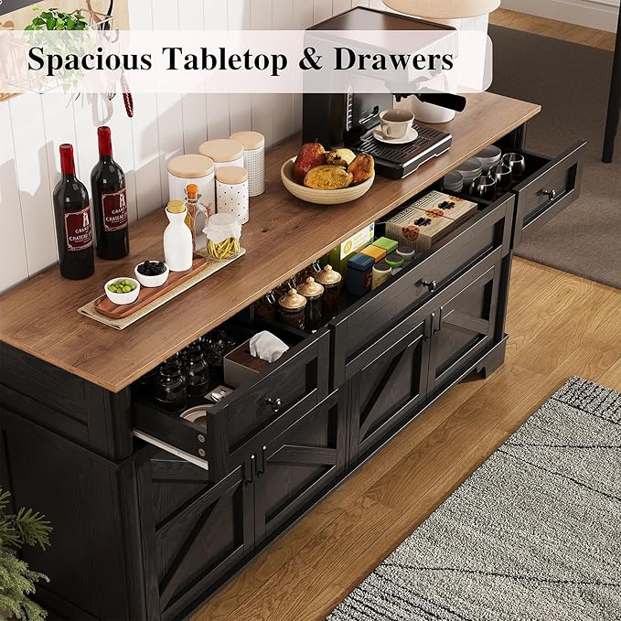 65 Inch Farmhouse Buffet Cabinet with Storage, Black Sideboard Buffet Cabinet with Adjustable Shelves & 3 Drawers, Buffet Table Coffee Bar Wine Bar Storage for Kitchen & Living Room
