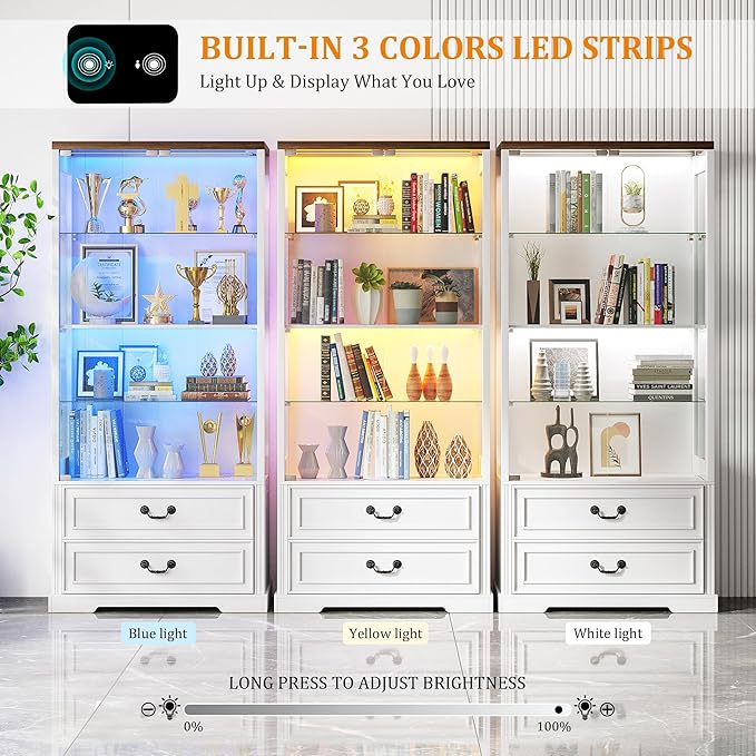 Glass Display Cabinet with Door, 4-Tier Curio Cabinet with 2 Drawers and Adjustable Glass Height Showcase, Display Case with 3 LED Light and Human Body Sensor, White