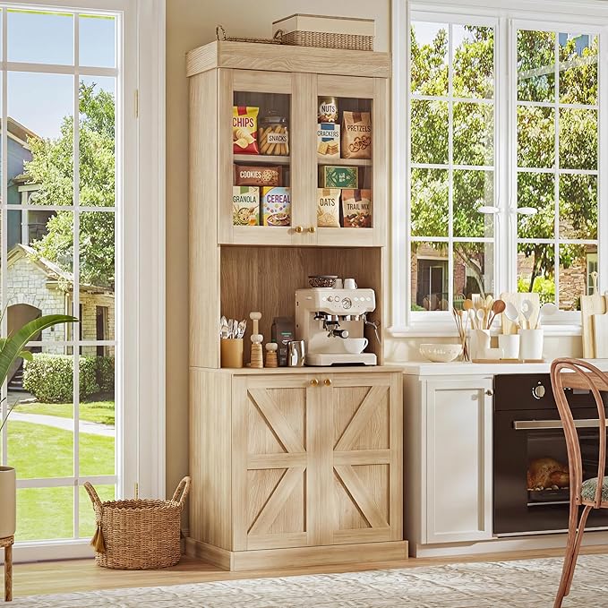 71" Farmhouse Kitchen Pantry Cabinet Set of 2, Brown Freestanding Coffee Bar Hutch with Glass Doors, Drawers & Adjustable Shelves, Large Storage Cabinet with Microwave Stand for Living Room & Kitchen