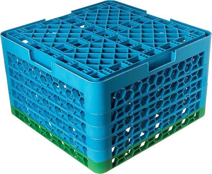 CFS RG16-5C413 OptiClean 16 Compartment Glass Rack with 5 Extenders, 11.9", Polypropylene, green/CFS Blue