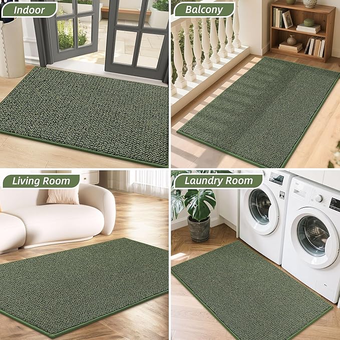 BEQHAUSE Dirt Trapper Door Mat 17" x 30", Non-Slip Doormats (Rolled-Up NO Creases) Washable Entryway Rugs, Dirt Resist and Absorbent Welcome Mat, Low Profile Floor Mats for Front Back Door, Green