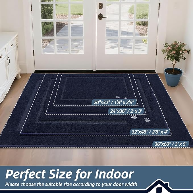 BEQHAUSE Dog Door Mat for Muddy Paws 20"x32" Dirt Trapper Absorbent Doormat Non Slip Entryway Rugs Washable Stain Resistant Welcome Floor Mat Soft Low-Profile for Front Back Door, Navy Blue