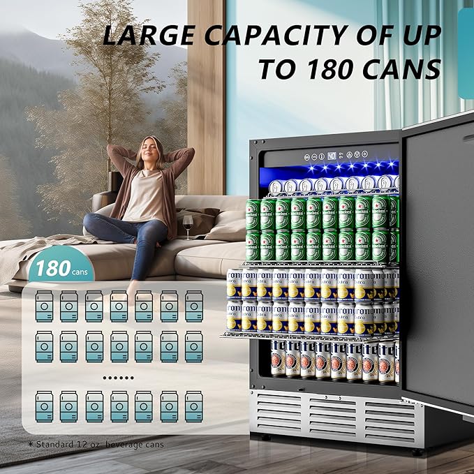 EUHOMY 24 Inch Beverage Refrigerator, Undercounter Beverage Fridge 180 Can with Stainless Steel Door for Home Patio, Beverage Cooler Built-in or Freestanding, outdoor refrigerator for Soda Beer Wine