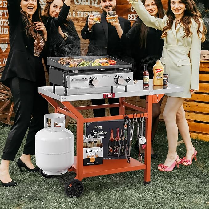 Movable Grill Table with Folding Side Table, Pizza Oven Table as BBQ Food Prep Cart with Undershelf for Outdoor & Indoor Use, 43" L x 20" W Stainless Steel Tabletop, Orange