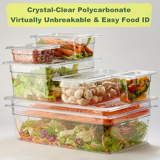 CURTA 4-Pack 1/2 Size 6" Deep NSF Polycarbonate Food Pans with Handled Lids & Drain Trays | Dishwasher & Freezer Safe Clear Container for Prep Tables, Buffet, Salad Bar, Commercial Kitchen