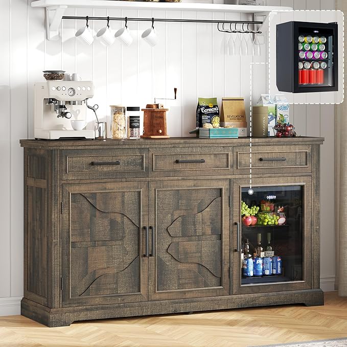 60" Farmhouse Coffee Bar Cabinet with Beverage Fridge (Included), Wine Bar Cabinet with Drawer Storage, Mini Fridge Cabinet, Sideboard Cabinet for Dining Room, Living Room-Brown
