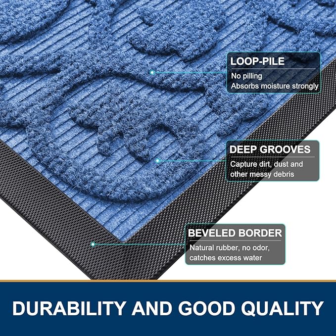 Smiry Welcome Door Mat Outside Entrance, Heavy Duty Trap Dirt and Moisture Easy Clean Low Profile Patio Porch Indoor Outdoor Front Doormat for Entry, 29.5x17 Inch, Blue
