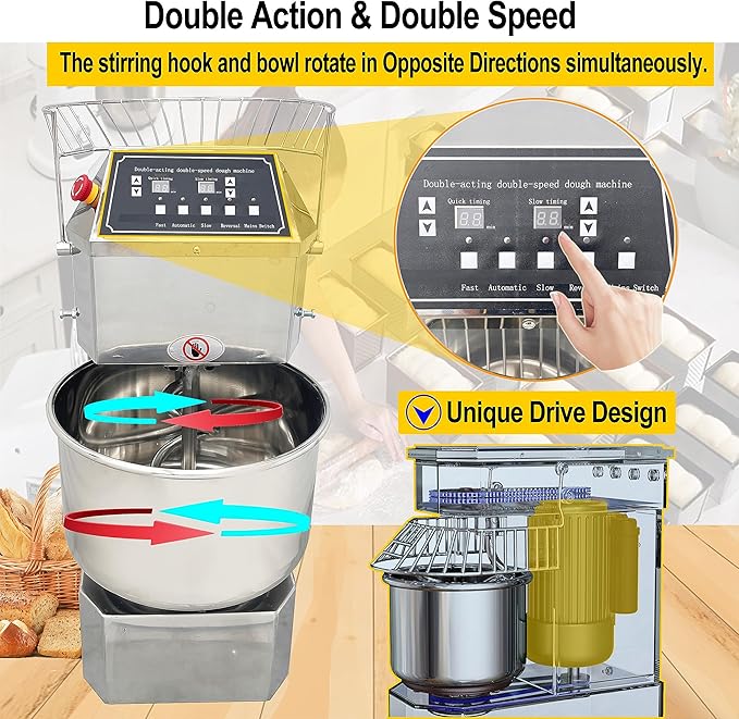 TECHTONGDA Commercial Stand Mixer, 30L Electric Dough Mixer, Double Action Double Speed Dough Kneading Machine with Security Shield & Speed Time Control, Perfect for Bakery Pizzeria, 110V 1500W