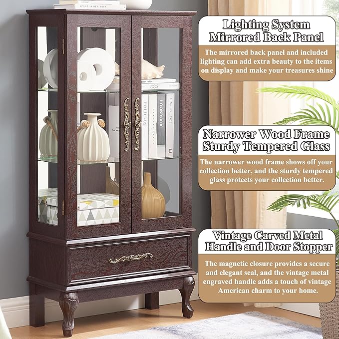 51" H Lighted Curio Cabinet Display Case, Glass Curio Cabinet with Adjustable Shelves,Tempered Glass Door and Drawer, Wooden Cabinets w/Mirrored Back Pane for Living Room (Dark Cherry)
