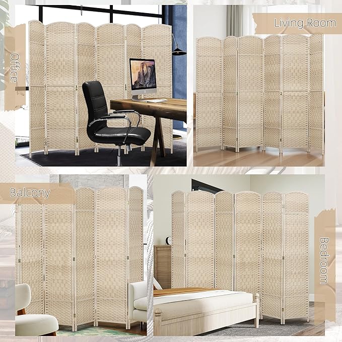 HOMCOM 6 Panel Room Divider, 6' Tall Folding Privacy Screen, Woven Freestanding Wall Partition for Home Office, Bedroom, Washed Oak
