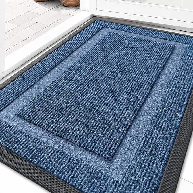 OLANLY Front Door Mat Indoor Outdoor Entrance, Waterproof All-Season, All-Weather Doormat, Sturdy Natural Rubber, Fade Resistant, Low Profile, Easy Clean Patio Porch Entryway Mat, 59x40, Light Blue