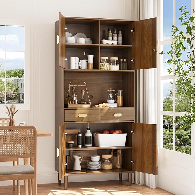 Smuxee 70.87" Walnut Kitchen Pantry Cabinet, Tall Food Pantry Cabinet with Line Groove Design, Kitchen Hutch with Microwave Stand for Dining Room, Living Room, Bar
