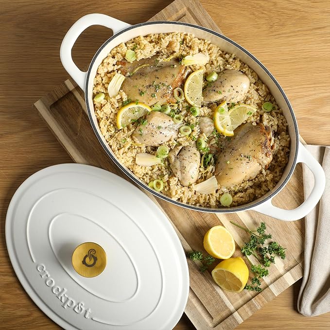 Crock Pot Artisan 7-Quart Oval Dutch Oven With Lid, Enameled Cast Iron, Linen White With Gold Knob, Heavy-Duty Cookware for Baking, Braising, Roasting & Slow Cooking