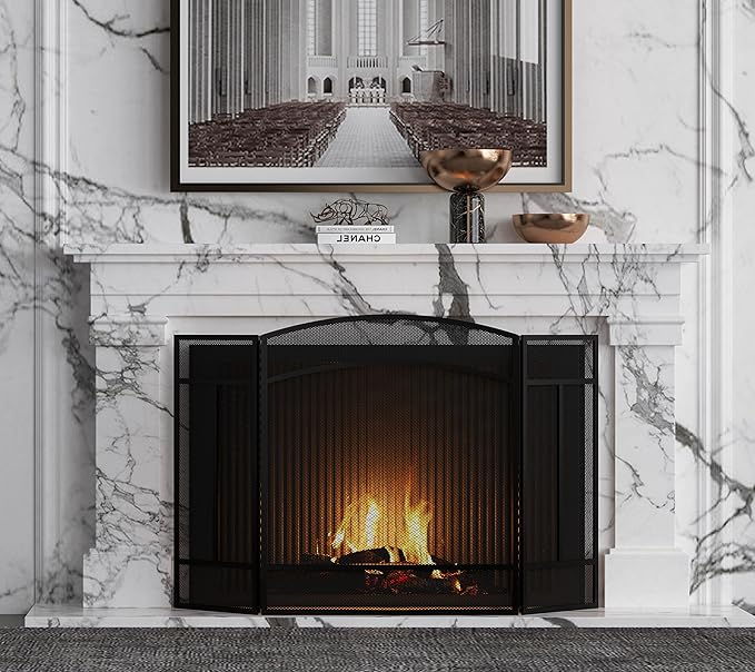 Fire Beauty Fireplace Screen 3 Panel Wrought Iron 48"(L) x 29"(H) Spark Guard Cover(Black)