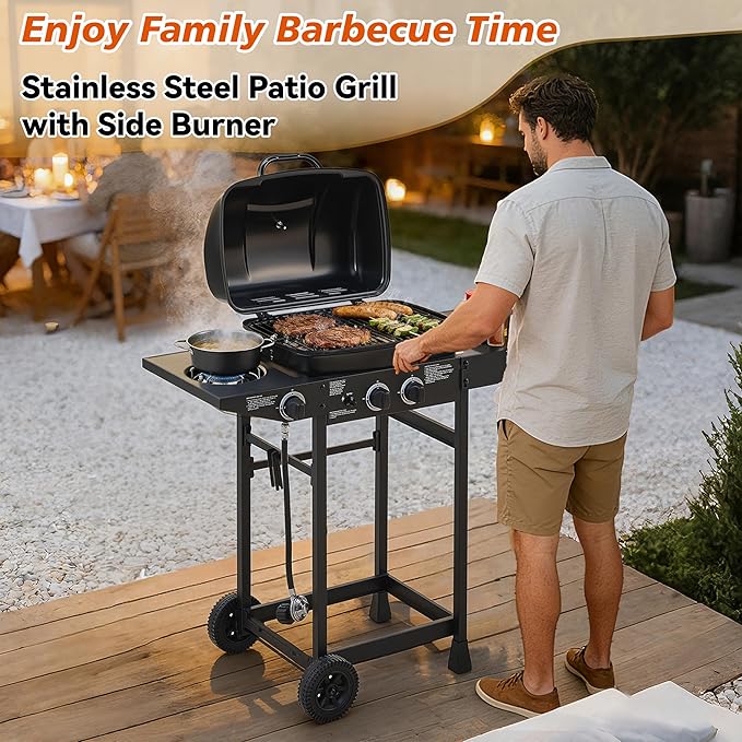Gas Grill with Side Burner, 2 Burner Propane Grill 24,000 BTU, 237 Sq In Cooking Area, Stainless Steel Outdoor Grill for Backyard, Patio, Balcony