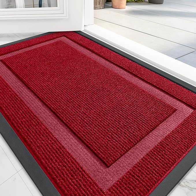 OLANLY Front Door Mat Indoor Outdoor Entrance, Waterproof All-Season, All-Weather Doormat, Sturdy Natural Rubber, Fade Resistant, Low Profile, Easy Clean Patio Porch Entryway Mat, 59x40, Wine Red