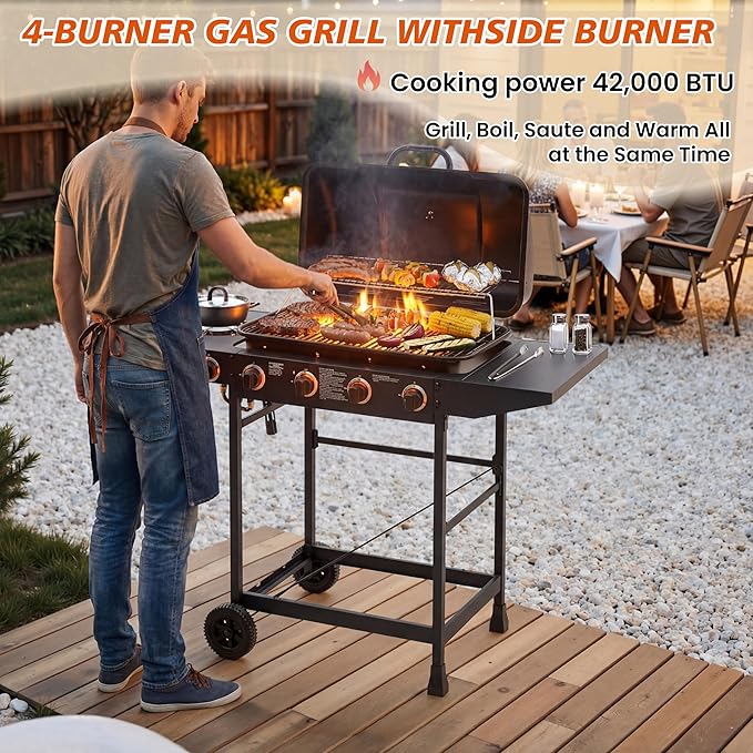 4 Burner Propane Gas Grill, 42,000 BTU Gas Grill with Side Burner, BBQ Grill with Cast Iron Grates, Stainless Steel Frame, 534 Sq In Cooking Area, Outside Grill for Patio Backyard, Patio