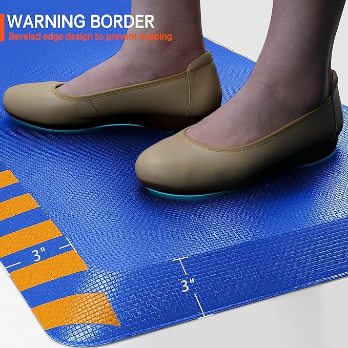 FEATOL Anti Fatigue Mat Industrial, Ergonomic Standing Floor Mat for Work for Stand -Safety Support for Leg & Back Pain(Blue with Yellow Border, 20" x 59", 1PC)