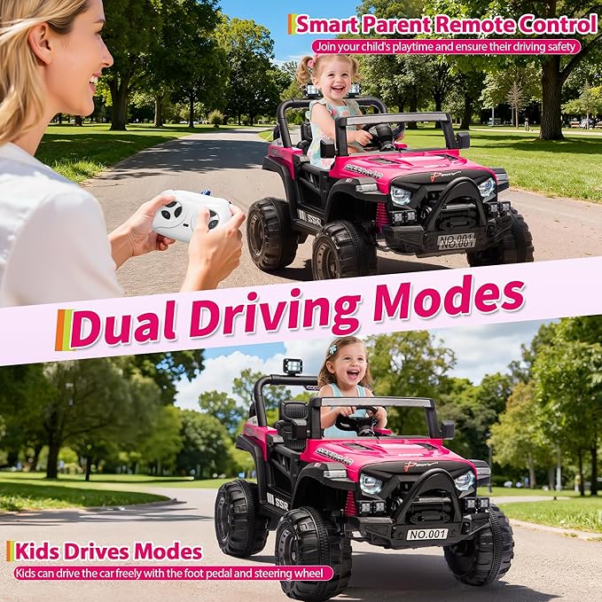 12V Kids Ride on Car, Electric Ride on Truck w/Parent Remote, Spring Suspension, Bluetooth Music, LED Light, 4.1Mph Max Speed, 3 Speeds, Battery Powered Vehicles for Kids Toddler Age 3-8, Rose
