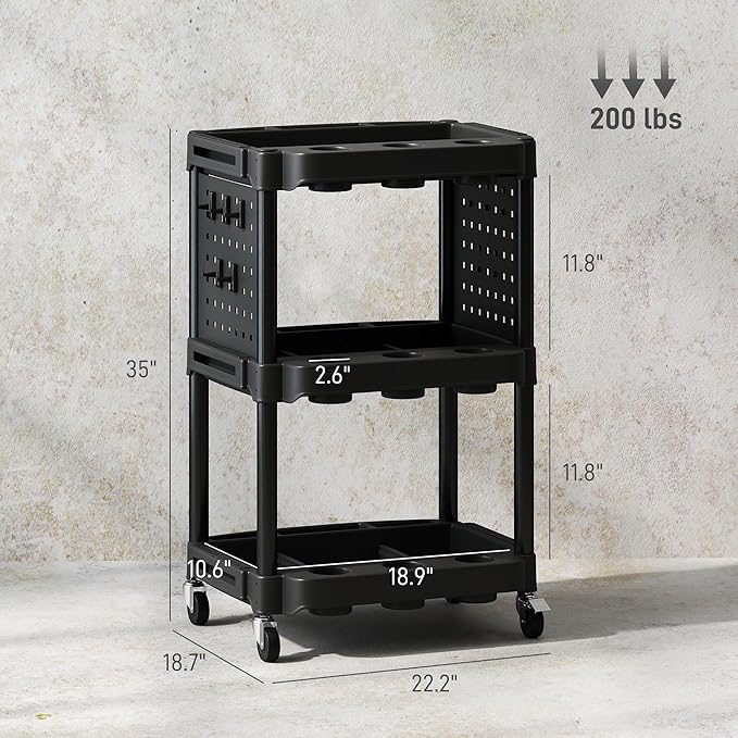 HOMCOM 3-Tier Rolling Tool Cart with Wheels, 200 LBS Capacity Plastic Utility Cart with Side Shelves, Mobile Service Tool Organizer for Garage, Warehouse, Workshop, Black