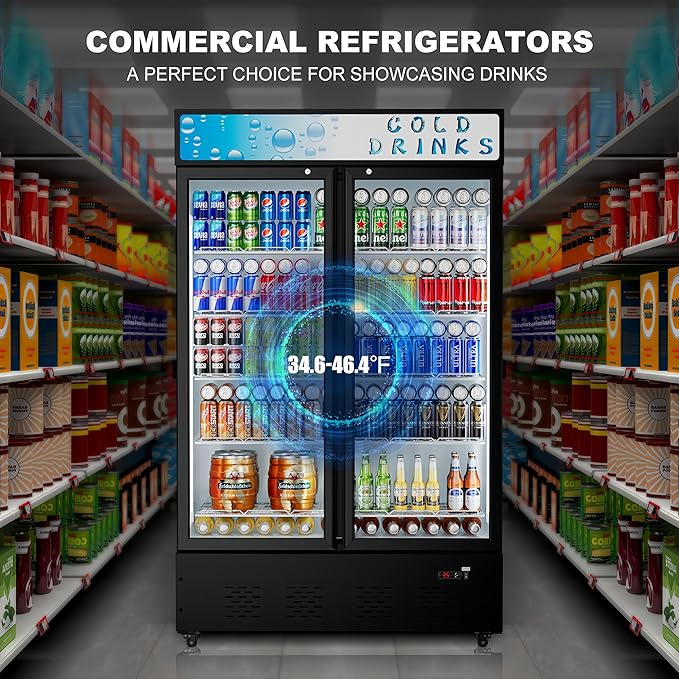 Commercial Beverage Refrigerator, 40 Cu.ft.Display Fridge Glass Door Upright Display Door with Adjustable Shelves LED Light for Restaurant,Grocery Stores,Office