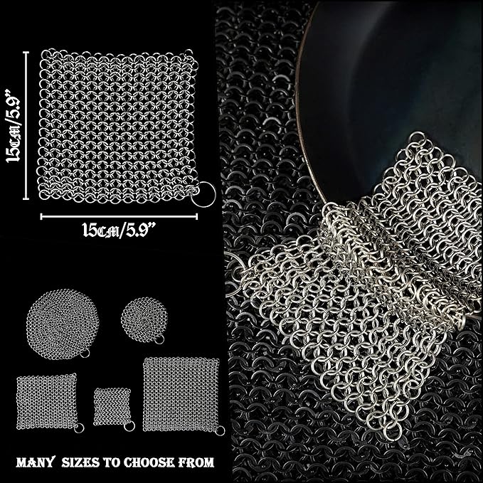 Mythrojan Cast Iron Scrubber 316 Stainless Steel Skillet Cleaner Chainmail Scrubber Chain Mail Scrub with Hanging Ring for Cast Iron Pre-Seasoned Pans (15 X 15cm)