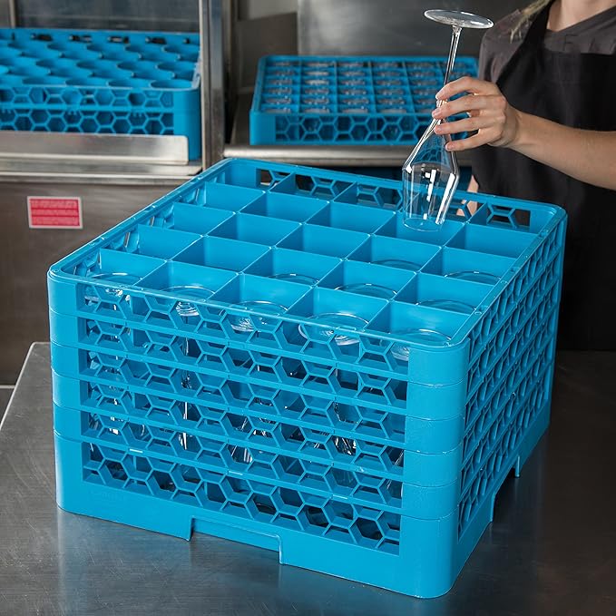 CFS RG25-514 OptiClean 25 Compartment Glass Rack with 5 Extenders, 11.9", Blue, Polypropylene, Blue