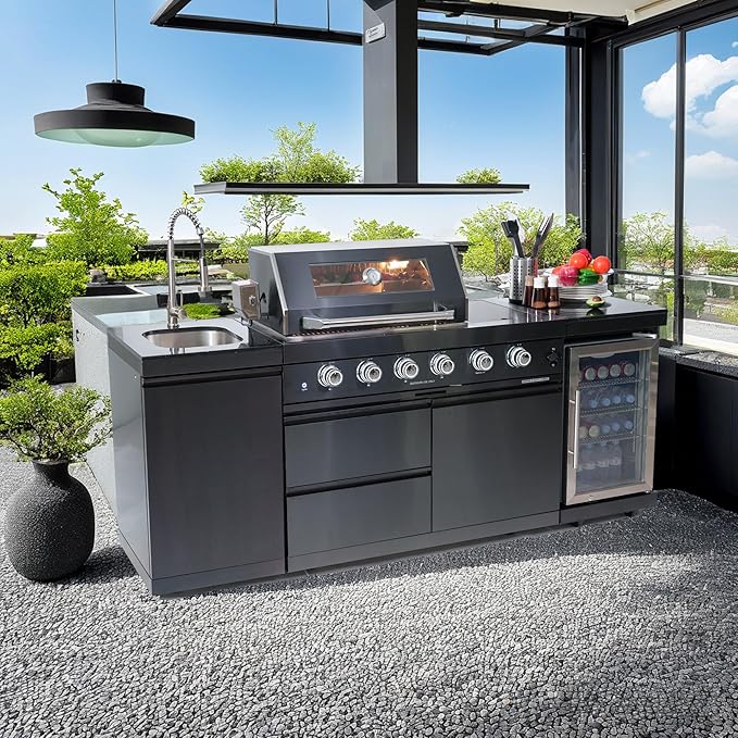85 Inches 4-Burner 72,000 BTU Deluxe Stainless Steel Propane Gas Grill Outdoor Kitchen Island,Sink,Beverage Refrigerator Storage & Rotisserie Kit for Patio Backyard Cooking,Black