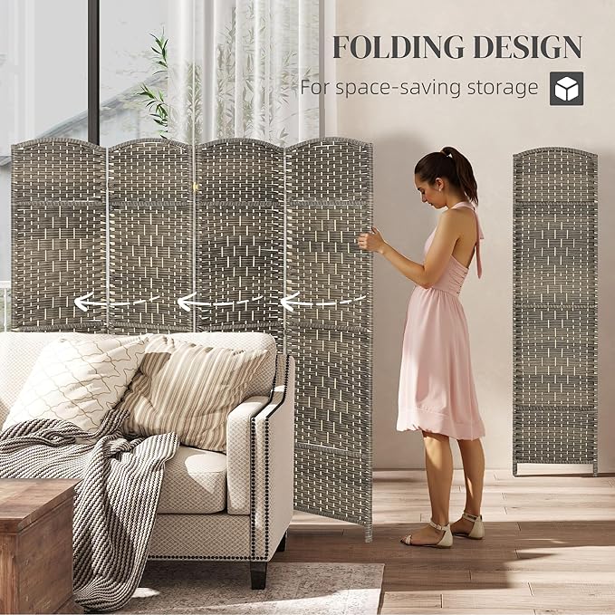 HOMCOM 4 Panel Room Divider, 6' Tall Folding Privacy Screen, Woven Freestanding Wall Partition for Home Office, Bedroom, Dark Rustic Oak