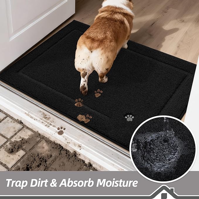 BEQHAUSE Dog Door Mat for Muddy Paws 20"x32" Dirt Trapper Absorbent Doormat Non Slip Entryway Rugs Washable Stain Resistant Welcome Floor Mat Soft Low-Profile for Front Back Door, Black