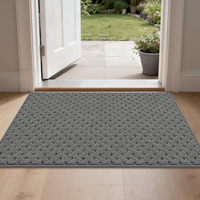 BEQHAUSE Dirt Trapper Door Mat Non-Slip Entryway Rugs Stain Resistant Absorbent Dog Doormats Woven-Look Washable Welcome Floor Doormat for Front Back Door, Muddy Wet Shoes & Paws, 24" x 36", Grey