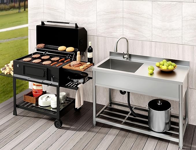 Commercial Sink with Drainboard, Stainless Steel Utility Sink with Pull-out Faucet, Free Standing Single Bowl Kitchen Sink with Workbench for Restaurant, Garage, Outoor, 21.7"D x 47.2"W x 37"H