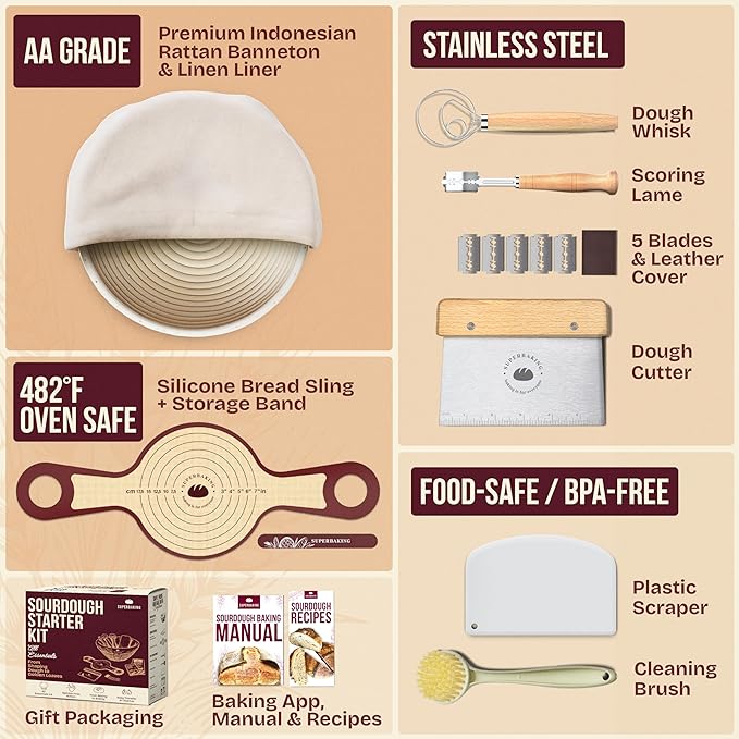 Superbaking Banneton Bread Proofing Basket Set with Silicone Dough Sling, 9" Splinter-Free Proofing Basket, Non-Stick Dutch Oven Liner, Sourdough Starter Kit, Sourdough Bread Baking Supplies & Tools